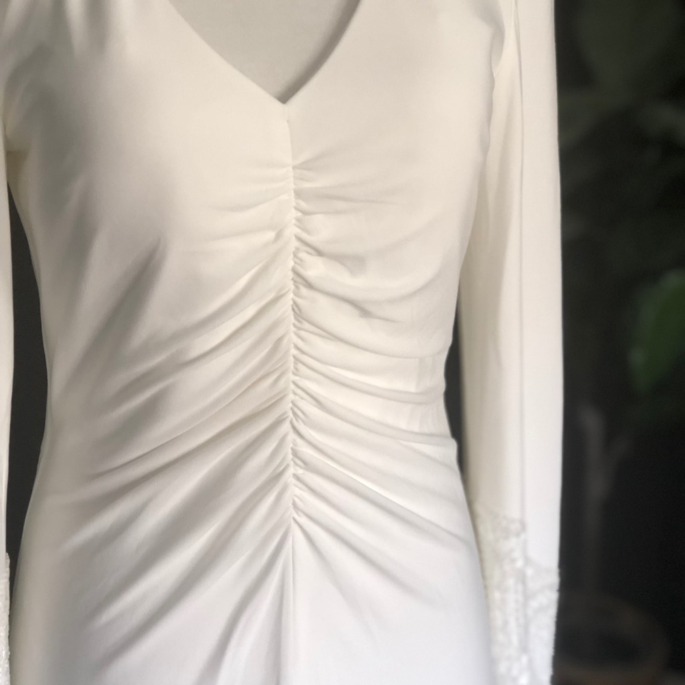 Long Sleeve formal soft white v-neck gown